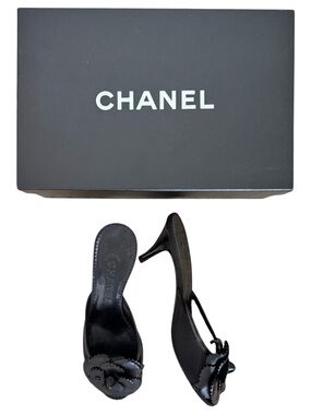 CHANEL Black Leather Camellia Mesh Mule Heels